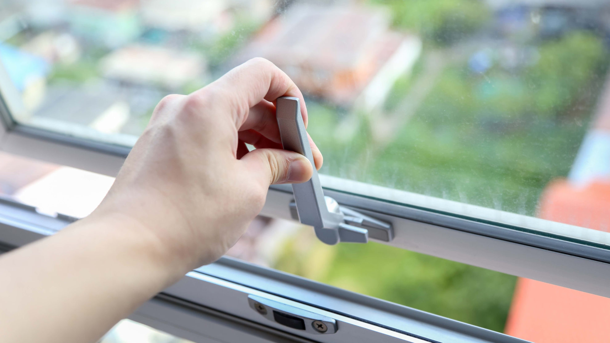 Action window open. Awning Window. Window in hands.